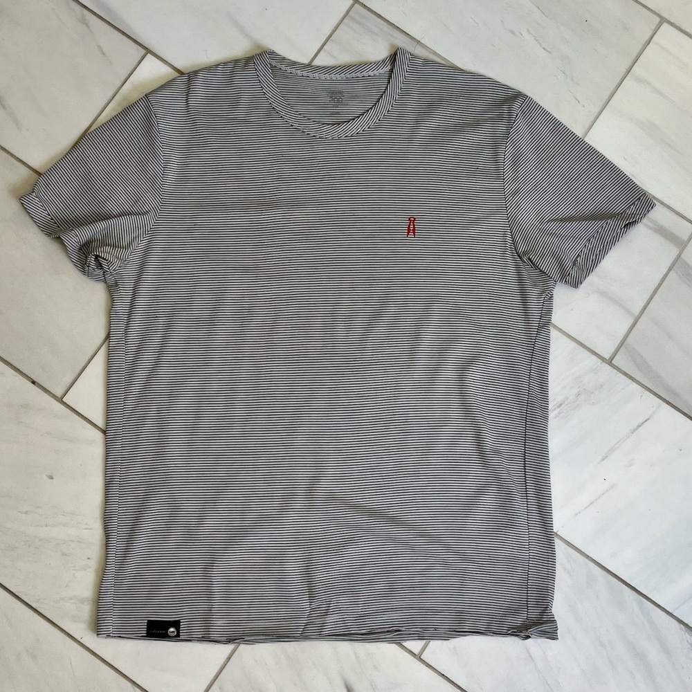 Icebreaker 200 weight merino gray striped short sleeved top, size medium (men)